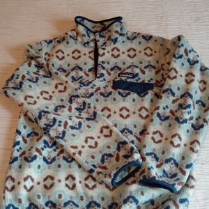 Patagonia Fleece Pullover in Light Blue with Navy and Brown Accents
